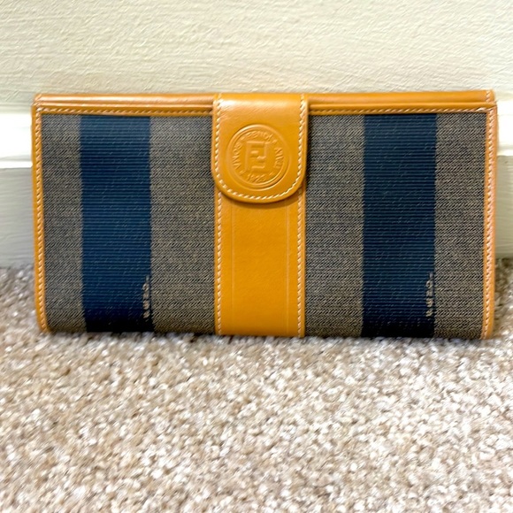 Vintage FENDI Penguins Wide Stripe Brown& Black Canvas Wallet - Picture 1 of 16
